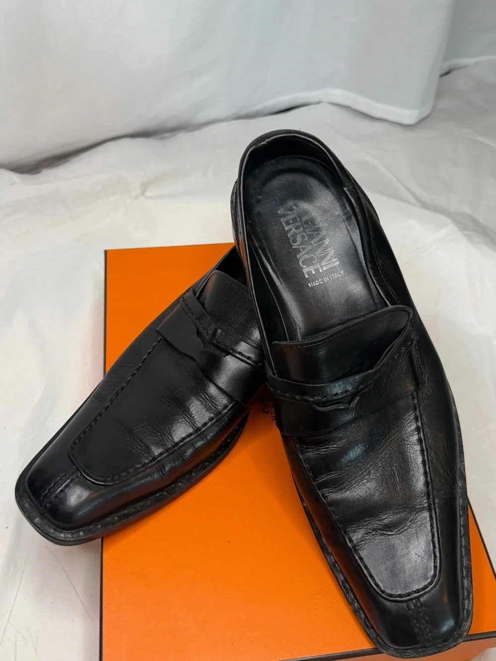 Versace Black Leather Slip-On Penny Loafers for Men